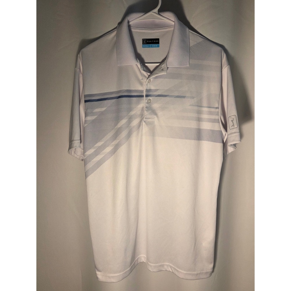 PGA Tour Polo Shirt Mens Medium White Blue Excellent Geometric Stripe Golf Tee